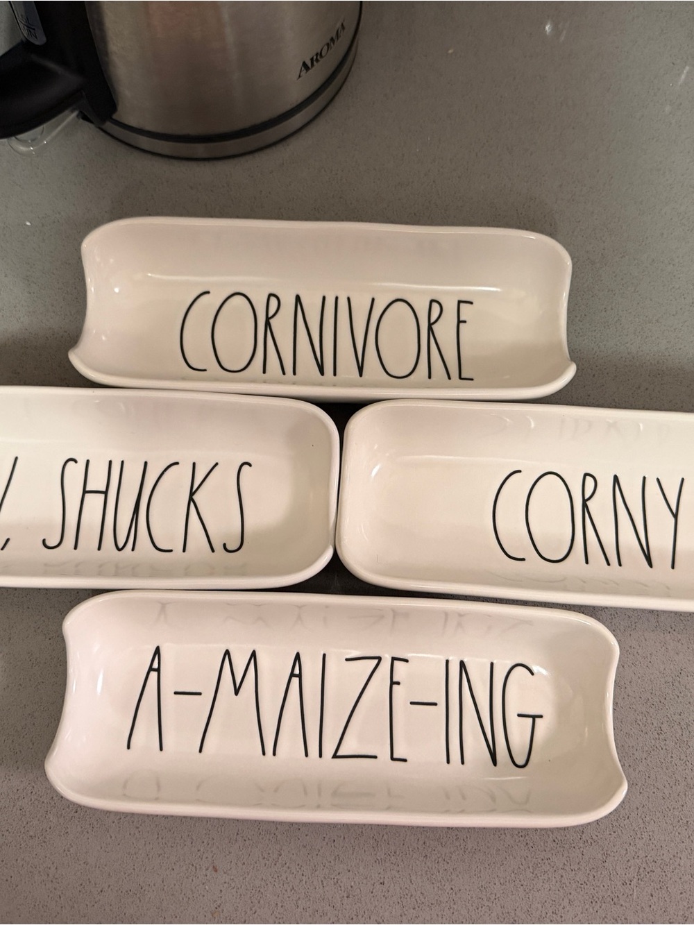 Rae Dunn - White Ceramic Corn Serving Set of 4 Stakes and Dishes
